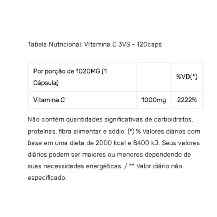 VITAMINA C - 120 CÁPSULAS - 3VS NUTRITION - Imagem 2